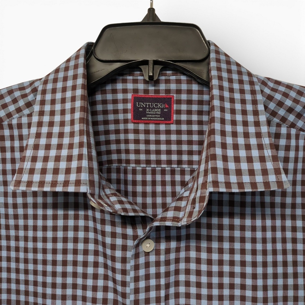 Untuckit Brown Blue Checked Button Long Sleeve Shirt XL 100% Cotton Work - Picture 3 of 10